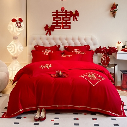 91家纺网 家纺一手货源 找家纺 玉雅家纺 2025新款100支长绒棉高档提花刺绣婚庆四件套 大喜日子