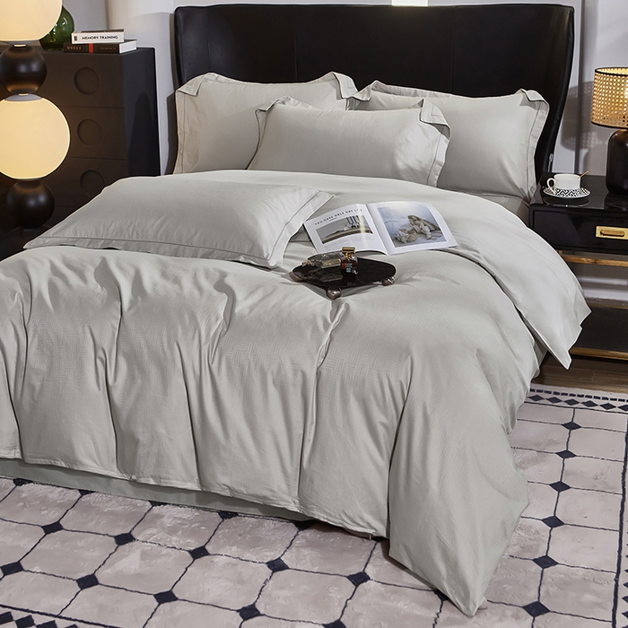 91家纺网 家纺一手货源 找家纺 雲归梦 2024新款全棉提花活性高支密轻奢四件套 细条纹-浅灰