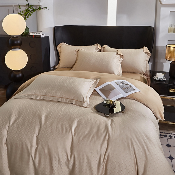 91家纺网 家纺一手货源 找家纺 雲归梦 2024新款全棉提花活性高支密轻奢四件套 曲线格-香槟金