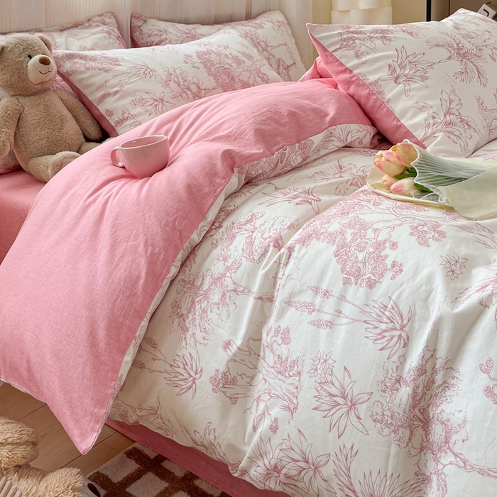 91家纺网 家纺一手货源 找家纺 雅居纺 2024新款全棉印花四件套 粉色花园