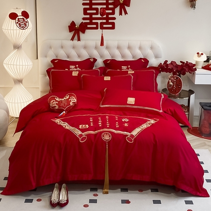 91家纺网 家纺一手货源 找家纺 玉雅家纺 2025新款100支长绒棉高档提花刺绣婚庆四件套 婚书