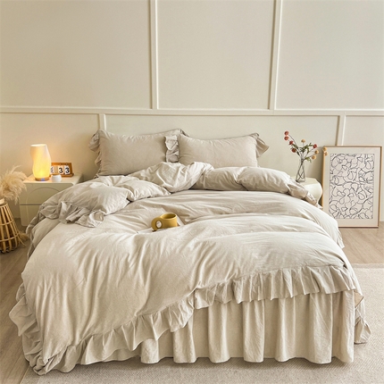 糯米猪家纺 2024新款全棉水洗棉床裙四件套 浅卡其