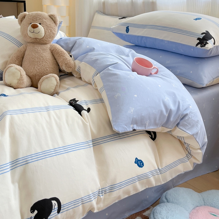 91家纺网 家纺一手货源 找家纺 雅居纺 2024新款全棉印花四件套 可爱小猫