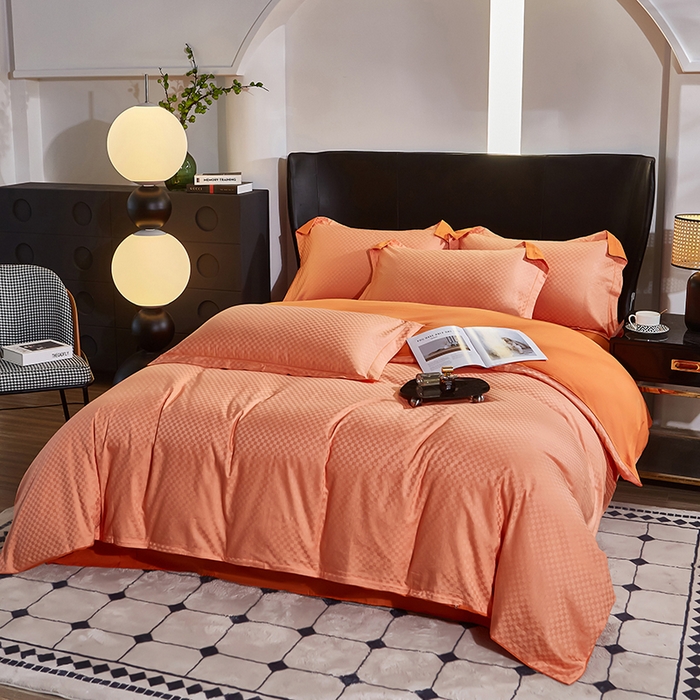 91家纺网 家纺一手货源 找家纺 雲归梦 2024新款全棉提花活性高支密轻奢四件套 阳阳格-宾利橙