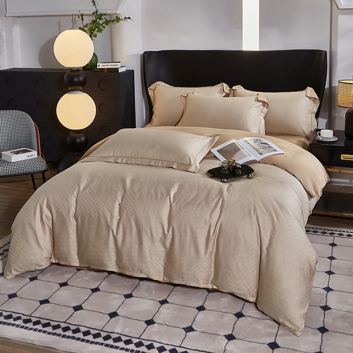 91家纺网 家纺一手货源 找家纺 雲归梦 2024新款全棉提花活性高支密轻奢四件套 曲线格-香槟金