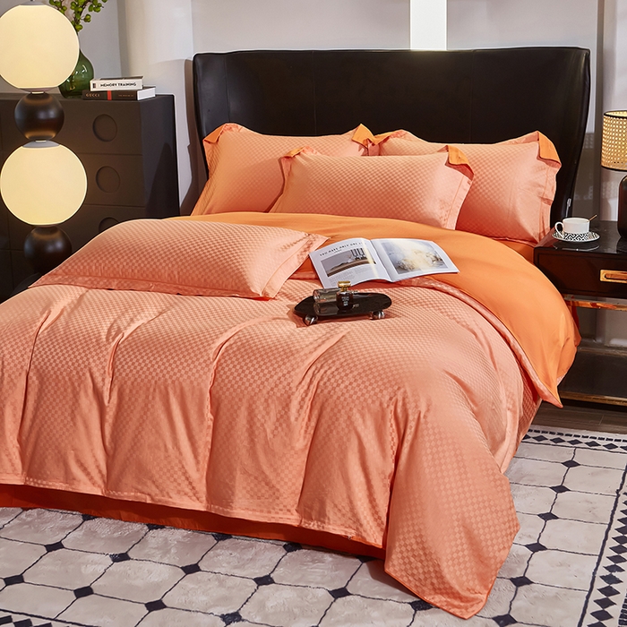 91家纺网 家纺一手货源 找家纺 雲归梦 2024新款全棉提花活性高支密轻奢四件套 阳阳格-宾利橙