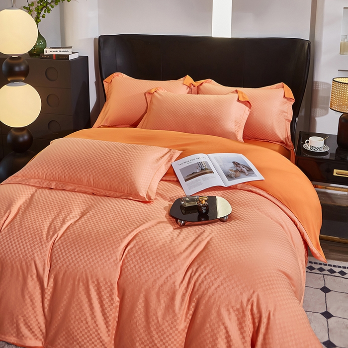 91家纺网 家纺一手货源 找家纺 雲归梦 2024新款全棉提花活性高支密轻奢四件套 阳阳格-宾利橙