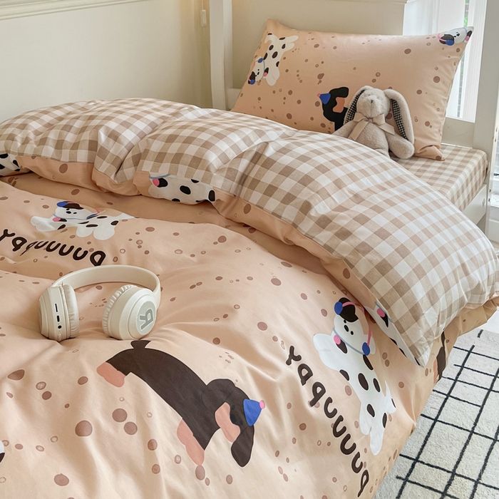 91家纺网 家纺一手货源 找家纺 雅居纺 2024新款全棉印花学生季套件 斑点狗