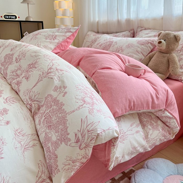 91家纺网 家纺一手货源 找家纺 雅居纺 2024新款全棉印花四件套 粉色花园