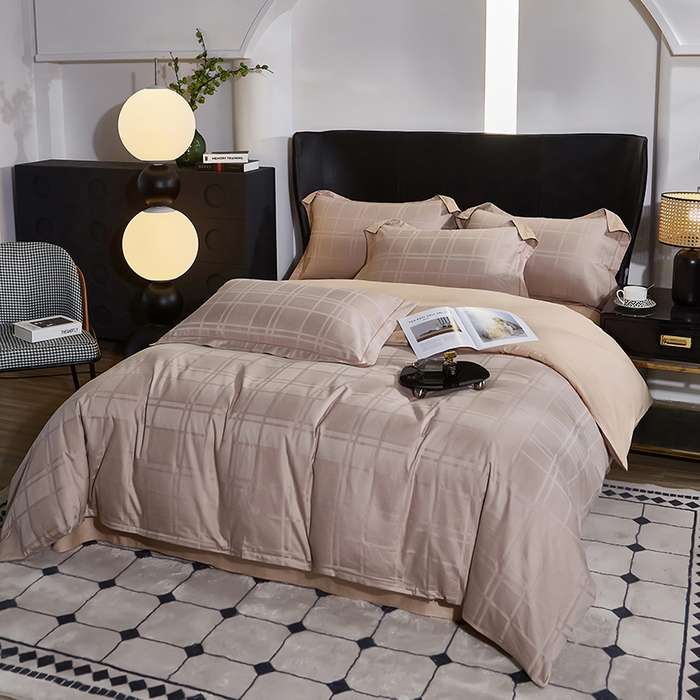 91家纺网 家纺一手货源 找家纺 雲归梦 2024新款全棉提花活性高支密轻奢四件套 大方格-浅咖