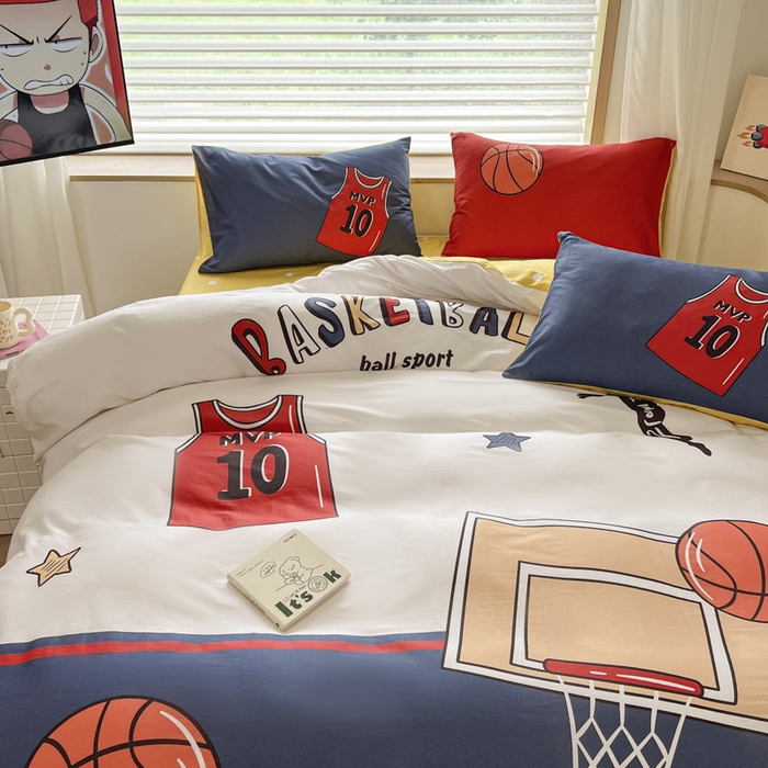 91家纺网 家纺一手货源 找家纺 孩子王 2025新款亲肤活性大版纯棉专版太空人卡通学生儿童宿舍四件套系列 灌篮少年