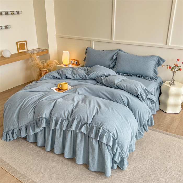 91家纺网 家纺一手货源 找家纺 糯米猪家纺 2024新款全棉水洗棉床裙四件套 天空蓝