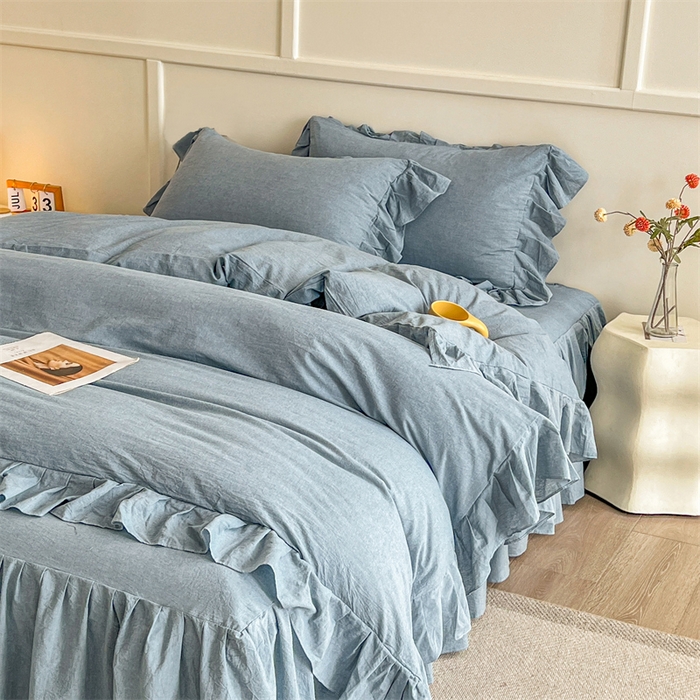 91家纺网 家纺一手货源 找家纺 糯米猪家纺 2024新款全棉水洗棉床裙四件套 天空蓝