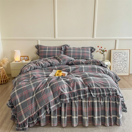 91家纺网 家纺一手货源 找家纺 糯米猪家纺 2024新款全棉水洗棉床裙四件套 韶华 灰