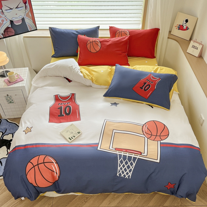 91家纺网 家纺一手货源 找家纺 孩子王 2025新款亲肤活性大版纯棉专版太空人卡通学生儿童宿舍四件套系列 灌篮少年