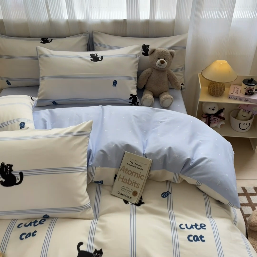 91家纺网 家纺一手货源 找家纺 雅居纺 2024新款全棉印花四件套 可爱小猫