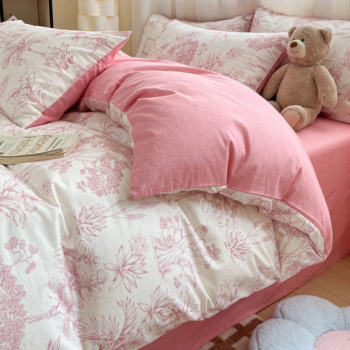 91家纺网 家纺一手货源 找家纺 雅居纺 2024新款全棉印花四件套 粉色花园