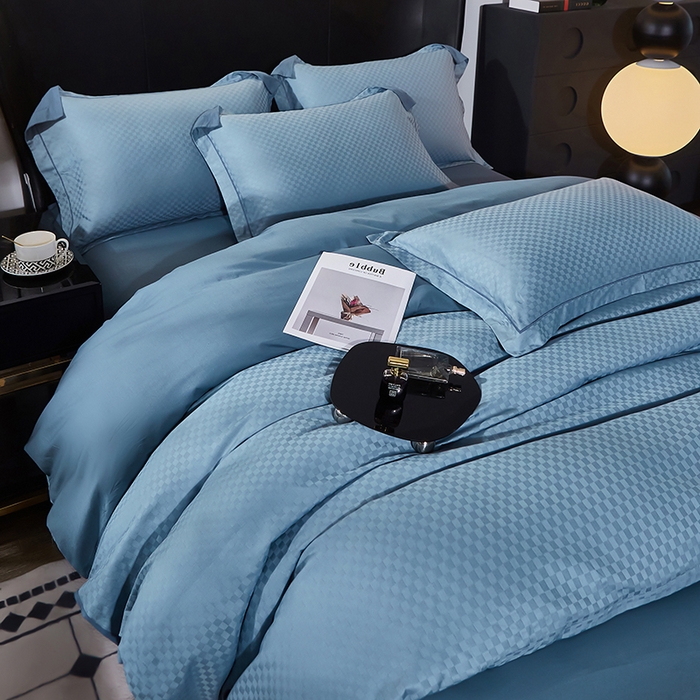 91家纺网 家纺一手货源 找家纺 雲归梦 2024新款全棉提花活性高支密轻奢四件套 阳阳格-宾利蓝