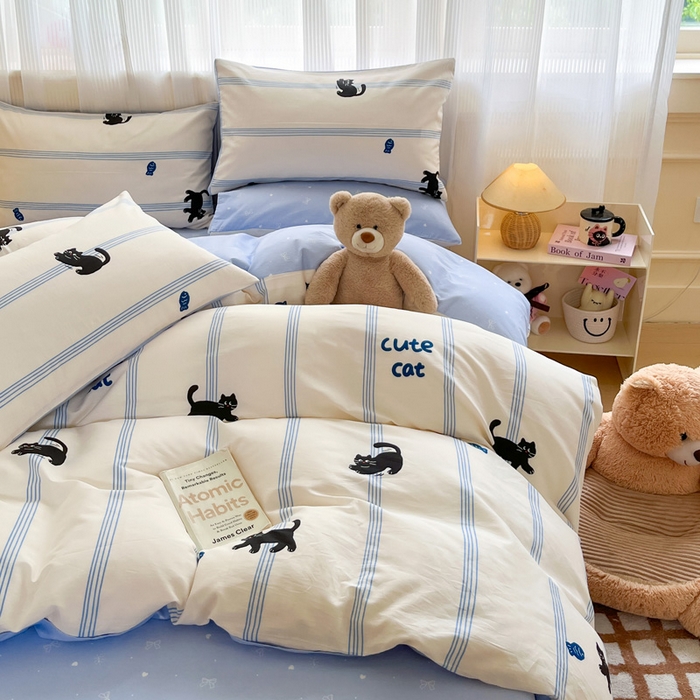 91家纺网 家纺一手货源 找家纺 雅居纺 2024新款全棉印花四件套 可爱小猫