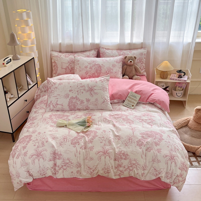 91家纺网 家纺一手货源 找家纺 雅居纺 2024新款全棉印花四件套 粉色花园