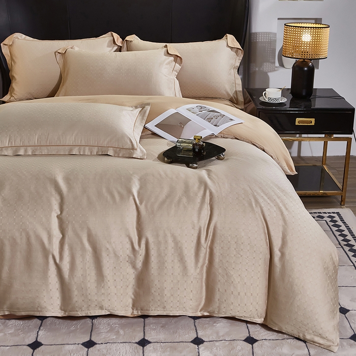 91家纺网 家纺一手货源 找家纺 雲归梦 2024新款全棉提花活性高支密轻奢四件套 曲线格-香槟金