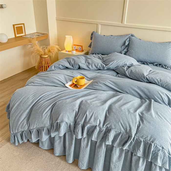 91家纺网 家纺一手货源 找家纺 糯米猪家纺 2024新款全棉水洗棉床裙四件套 天空蓝