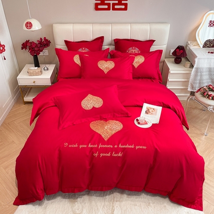 91家纺网 家纺一手货源 找家纺 玉雅家纺 2025新款100支长绒棉高档提花刺绣婚庆四件套 心喜