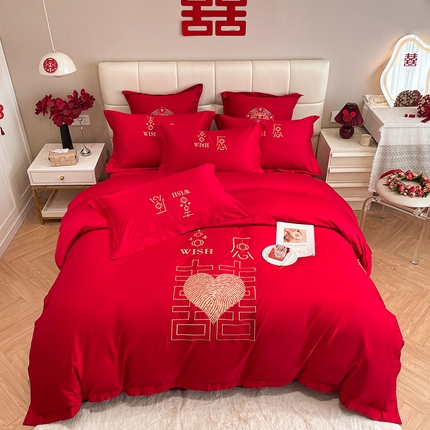 91家纺网 家纺一手货源 找家纺 玉雅家纺 2025新款100支长绒棉高档提花刺绣婚庆四件套 喜之愿