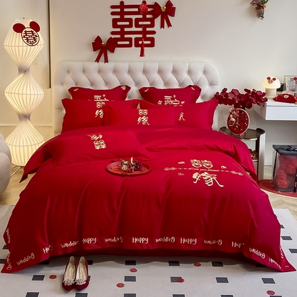 91家纺网 家纺一手货源 找家纺 玉雅家纺 2025新款100支长绒棉高档提花刺绣婚庆四件套 喜嫁