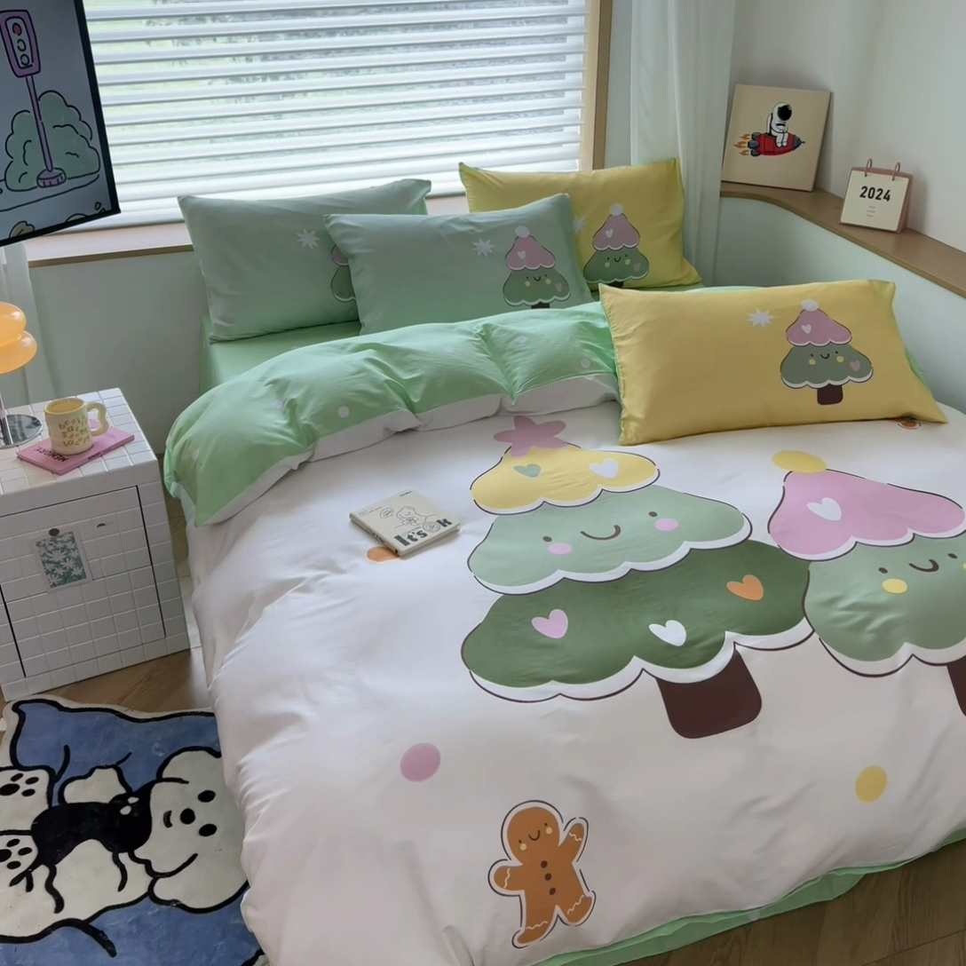 91家纺网 家纺一手货源 找家纺 孩子王 2025新款亲肤活性大版纯棉专版太空人卡通学生儿童宿舍四件套系列 发财树