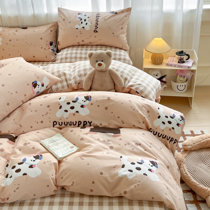 91家纺网 家纺一手货源 找家纺 雅居纺 2024新款全棉印花四件套 斑点狗