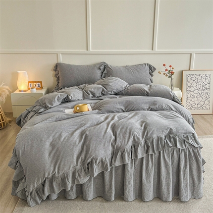 糯米猪家纺 2024新款全棉水洗棉床裙四件套 高级灰