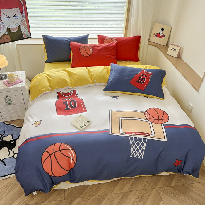 91家纺网 家纺一手货源 找家纺 孩子王 2025新款亲肤活性大版纯棉专版太空人卡通学生儿童宿舍四件套系列 灌篮少年