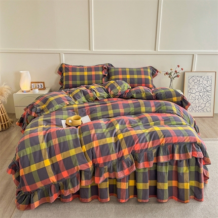 91家纺网 家纺一手货源 找家纺 糯米猪家纺 2024新款全棉水洗棉床裙四件套 晴空 灰