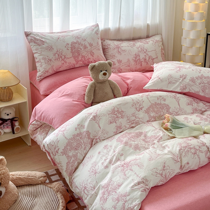 91家纺网 家纺一手货源 找家纺 雅居纺 2024新款全棉印花四件套 粉色花园