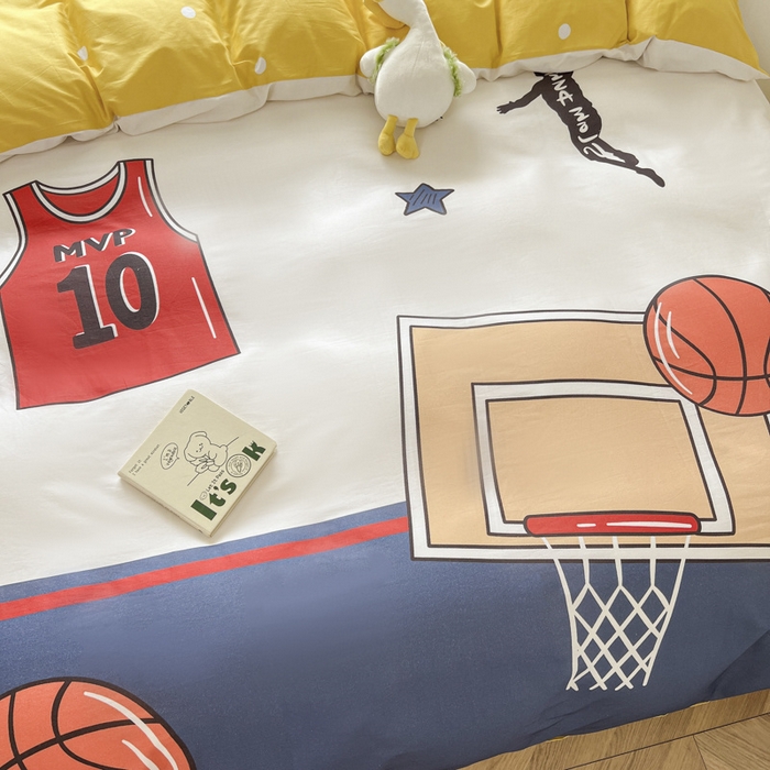 91家纺网 家纺一手货源 找家纺 孩子王 2025新款亲肤活性大版纯棉专版太空人卡通学生儿童宿舍四件套系列 灌篮少年