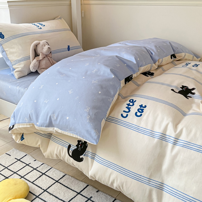 91家纺网 家纺一手货源 找家纺 雅居纺 2024新款全棉印花学生季套件 可爱小猫