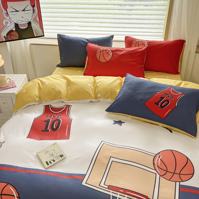 91家纺网 家纺一手货源 找家纺 孩子王 2025新款亲肤活性大版纯棉专版太空人卡通学生儿童宿舍四件套系列 灌篮少年