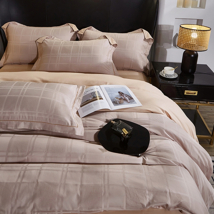 91家纺网 家纺一手货源 找家纺 雲归梦 2024新款全棉提花活性高支密轻奢四件套 大方格-浅咖