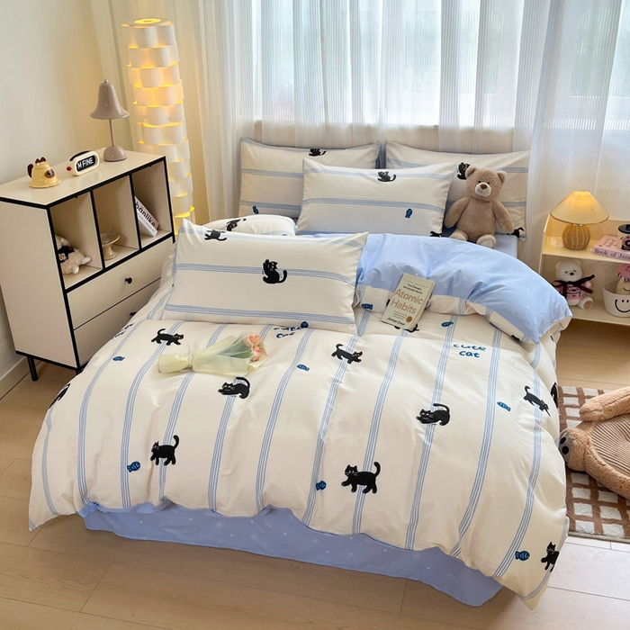 91家纺网 家纺一手货源 找家纺 雅居纺 2024新款全棉印花四件套 可爱小猫