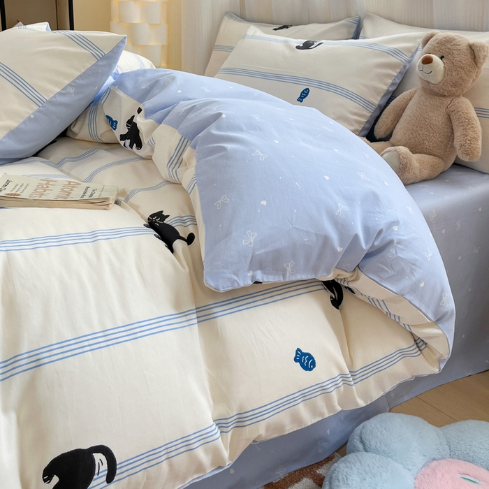 91家纺网 家纺一手货源 找家纺 雅居纺 2024新款全棉印花四件套 可爱小猫