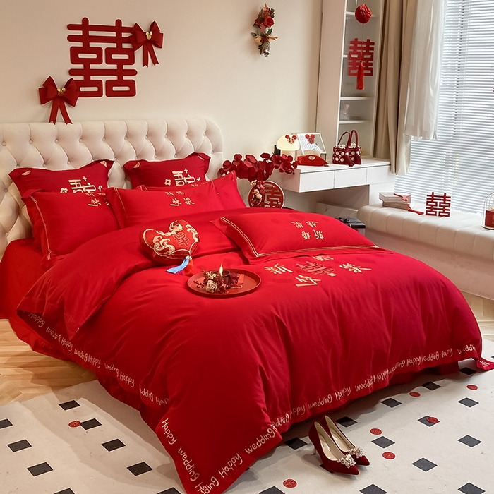 91家纺网 家纺一手货源 找家纺 玉雅家纺 2025新款100支长绒棉高档提花刺绣婚庆四件套 新婚快乐