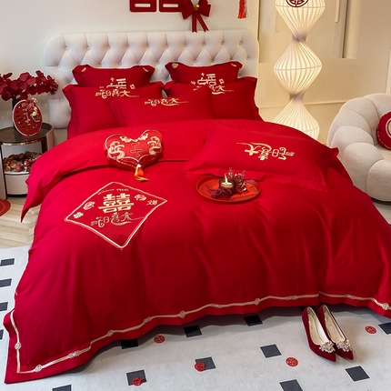 91家纺网 家纺一手货源 找家纺 （总）玉雅家纺 2025新款100支长绒棉高档提花刺绣婚庆四件套