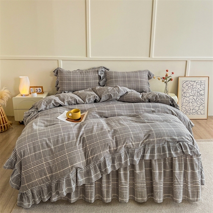 糯米猪家纺 2024新款全棉水洗棉床裙四件套 格纹 灰