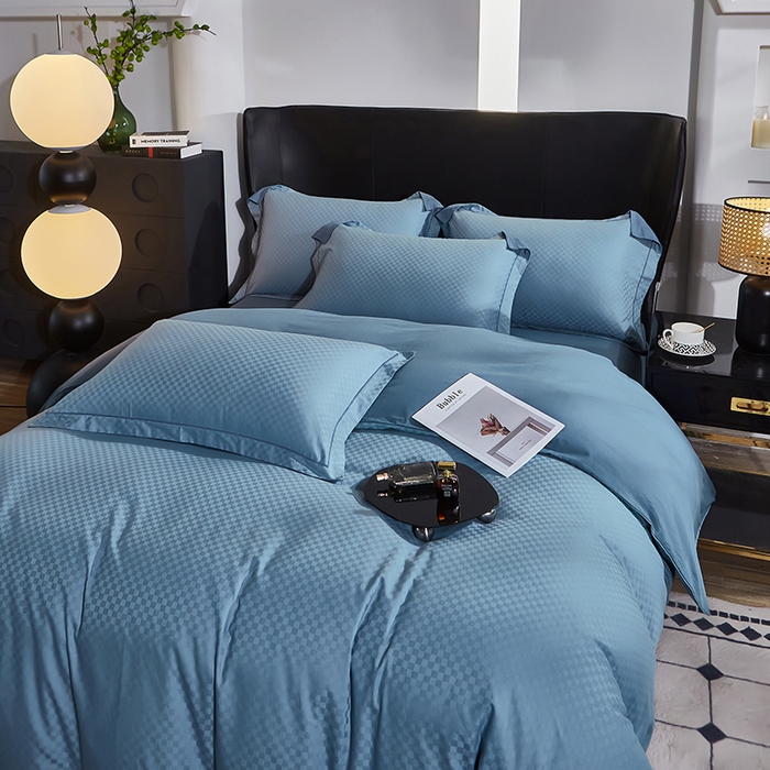 91家纺网 家纺一手货源 找家纺 雲归梦 2024新款全棉提花活性高支密轻奢四件套 阳阳格-宾利蓝