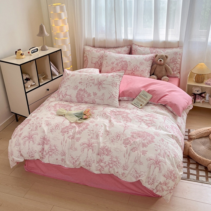 91家纺网 家纺一手货源 找家纺 雅居纺 2024新款全棉印花四件套 粉色花园