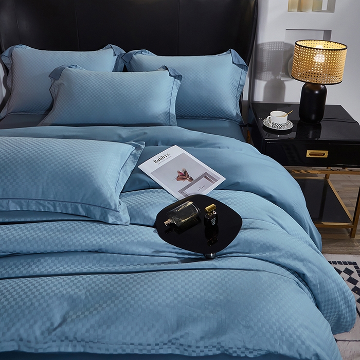 91家纺网 家纺一手货源 找家纺 雲归梦 2024新款全棉提花活性高支密轻奢四件套 阳阳格-宾利蓝