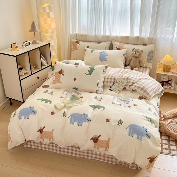 91家纺网 家纺一手货源 找家纺 雅居纺 2024新款全棉印花四件套 动物世界