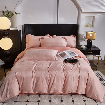 91家纺网 家纺一手货源 找家纺 雲归梦 2024新款全棉提花活性高支密轻奢四件套 大方格-樱花粉