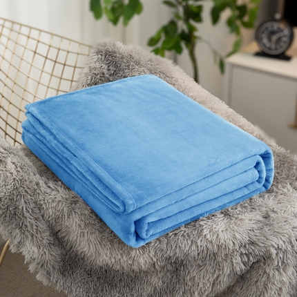 棉荨纺 2024新款法兰绒纯色毛毯珊瑚绒双面礼品毛毯200克 天蓝色